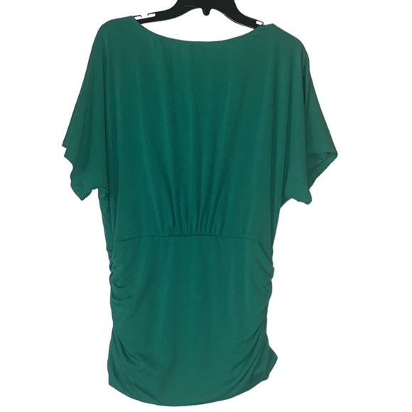 Charming Charlie Teal Green Knit Top Beaded Neckline Hip Rouching Size Medium - Picture 2 of 12